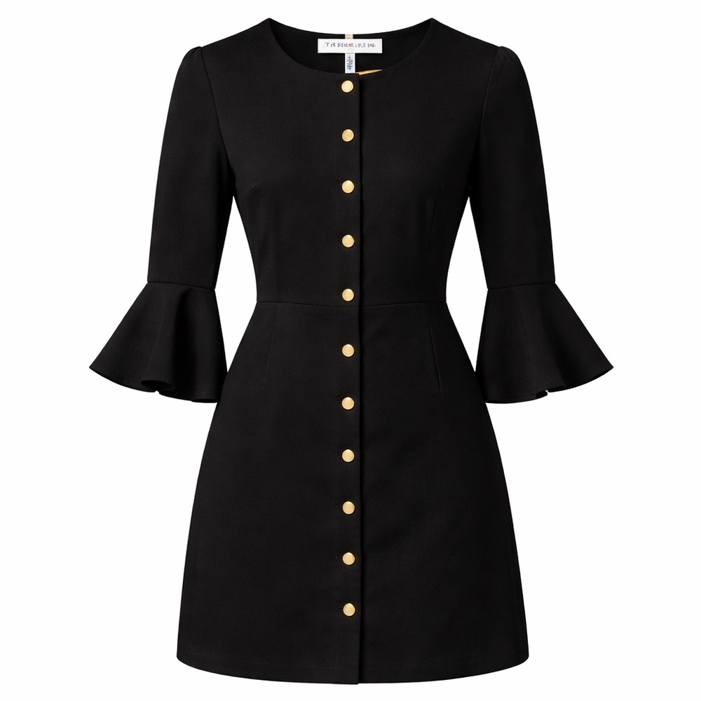 Trina Turk Black Dress Size 0 Bell Sleeve Gold Button Front Career Cocktail Mini